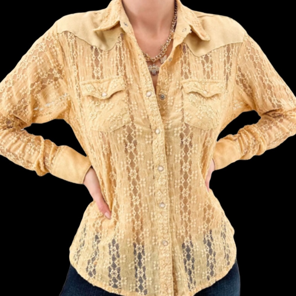 VTG 1990s Aura by Wrangler Lacy Western Button up Shirt w/Pearl Snaps Mustard S
